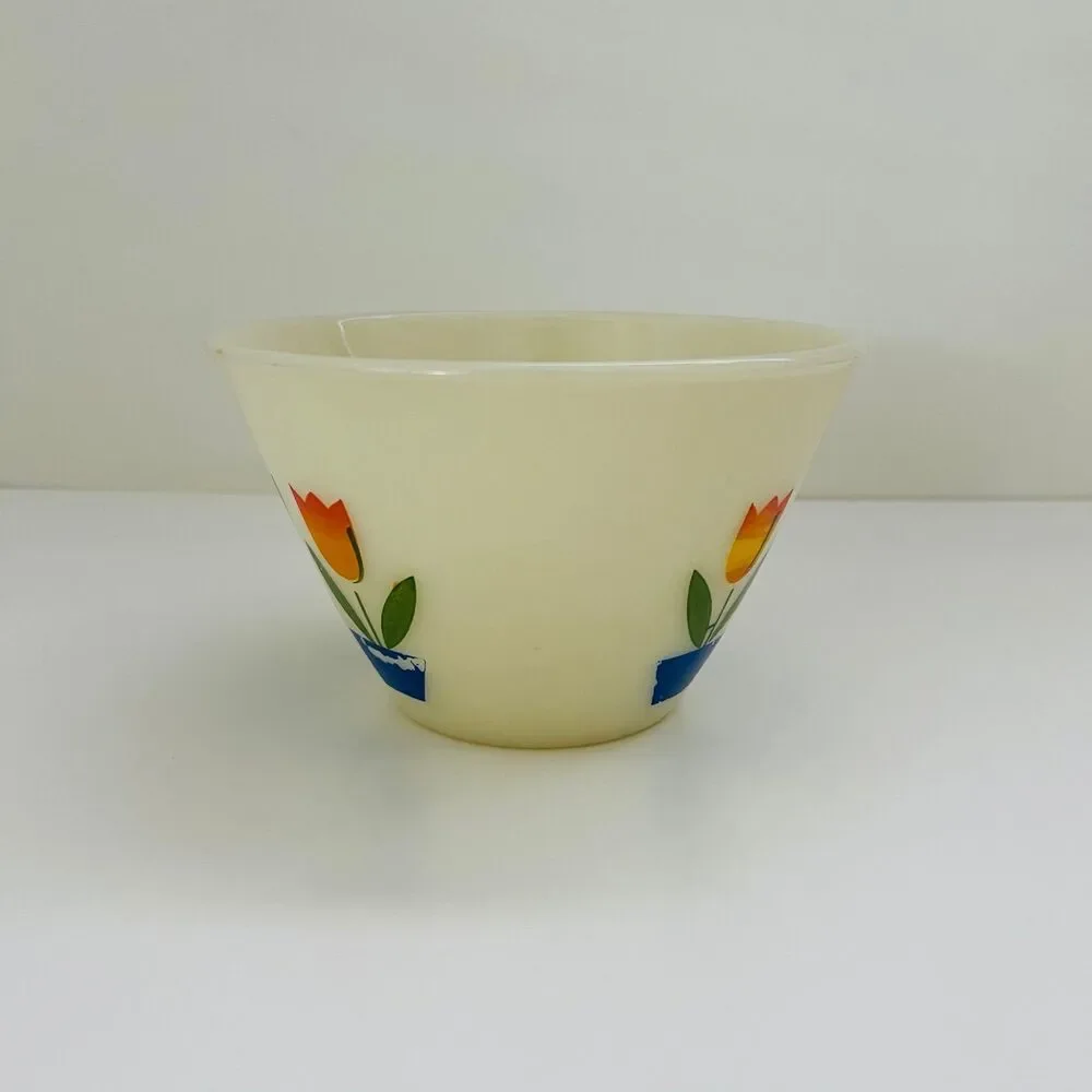 FIRE KING Milk Glass Ovenware Red, Orange, Yellow Tulips Small Mixing Bowl 1 Qt